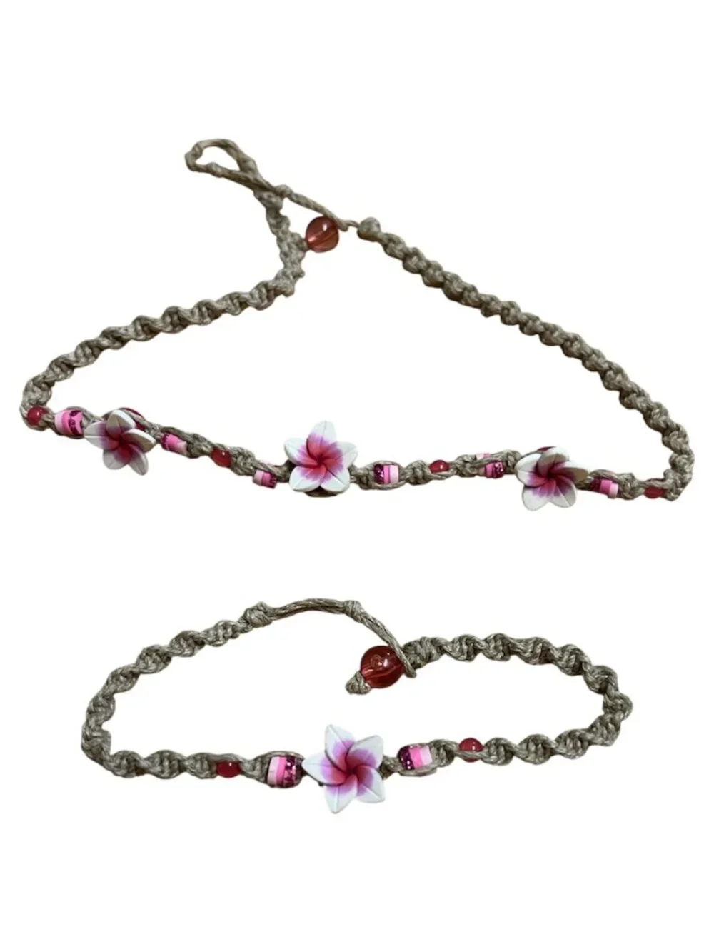 Y2K Girls Hawaiian Pink Hibiscus Flower Matching Choker Necklace & Bracelet